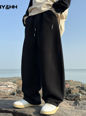 男童秋冬季潮酷黑色弯刀一体绒阔腿卫裤2025新款儿童加厚运动裤子