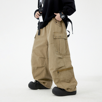 潮酷一体绒防风弯刀阔腿直筒裤子