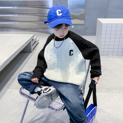 男童秋冬潮牌撞色半高领针织毛衣