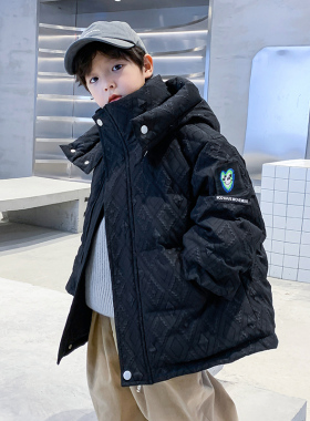 儿童黑色潮牌连帽羽绒服2025新款男童加厚冬装男孩冬季白鸭绒外套
