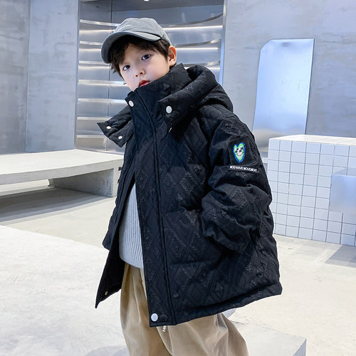 男童冬季黑色潮牌连帽加厚羽绒服
