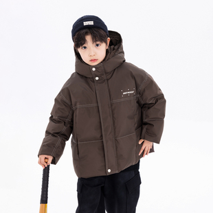 男大童冬装潮牌短款连帽面包羽绒服2025新款儿童冬季加厚防风外套