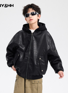 男童冬季机车风连帽皮衣棉服2025新款青少年儿童运动加厚防风外套