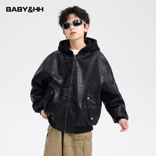 男童冬季机车风连帽皮衣棉服2026新款青少年儿童运动加厚防风外套