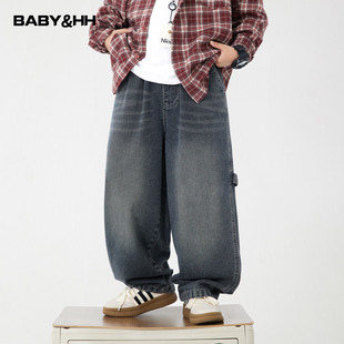 男童秋冬韩范加绒工装牛仔裤2025新款青少年儿童加厚阔腿直筒裤子