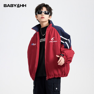 男童冬季撞色机车风红色运动棉服2026新款青少年儿童防水夹棉外套