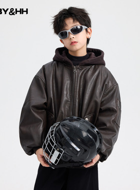 男大童冬装潮酷机车风加厚连帽棉服2025新款儿童运动防风皮衣外套