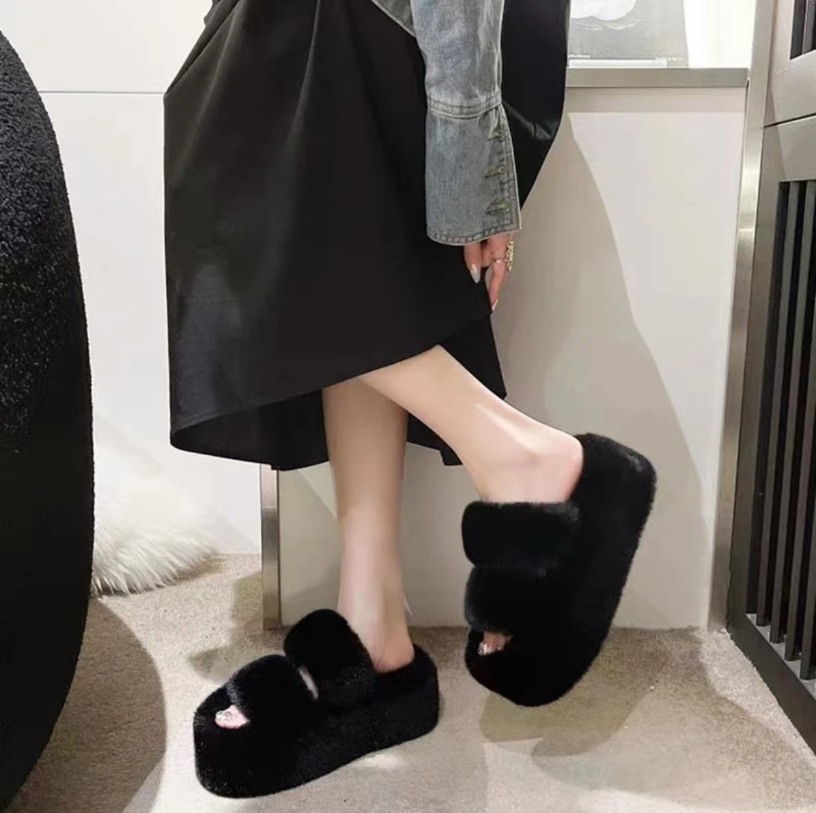 2025秋冬新款双带厚底5cm毛绒居家棉拖鞋外穿毛毛拖