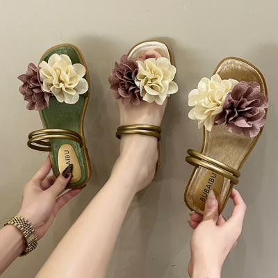2025新款8820-1双色花外穿时尚潮流仙女风一字拖沙滩拖鞋