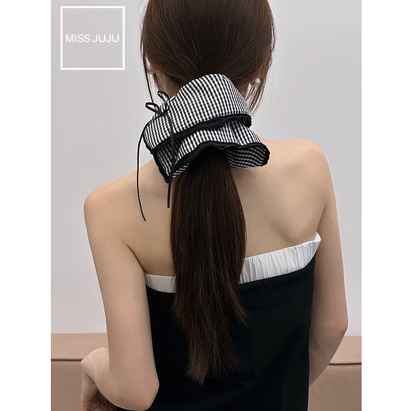 MISS JU丨黑白格方巾发圈气质女百搭发饰时尚潮流发绳头饰高级感