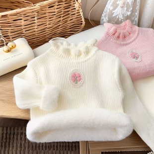 女童毛衣一体绒冬季加厚小女孩韩版花边领打底衫宝宝洋气保暖衣服