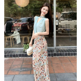 韩系绝美时髦薄荷绿V领无袖飘带背心上衣晕豹纹鱼尾半身裙套装夏