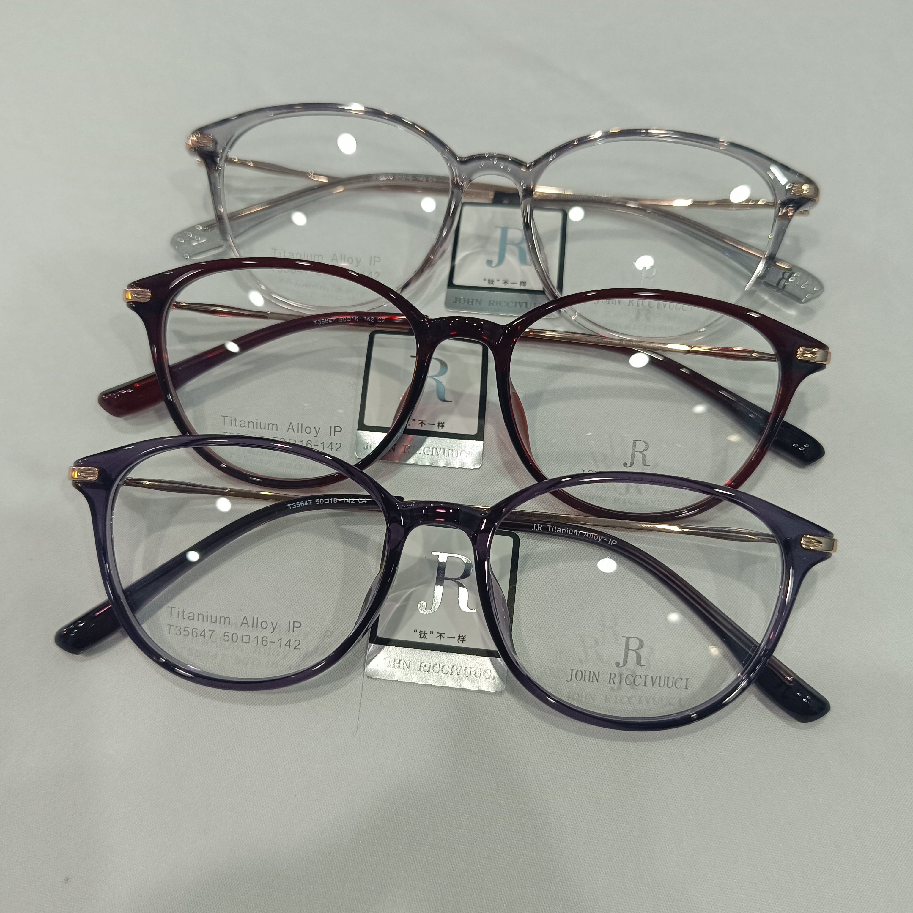 JR女款超轻眼镜框可配近视老花远视镜片钛合金混搭酒红灰色35647
