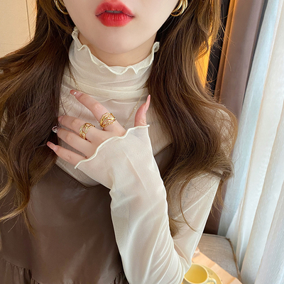 蕾丝打底衫女2024新款内搭网纱上衣白色薄款花边半高领高级感纱衣