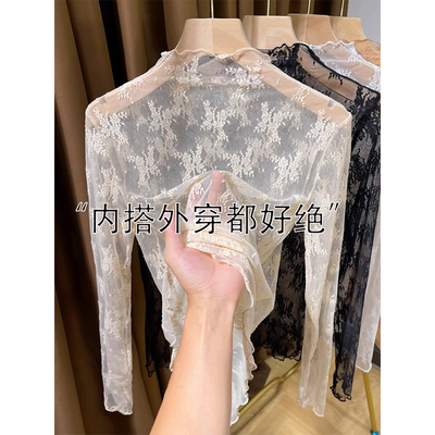 欧货网纱蕾丝半高领打底衫女秋冬季韩系修身大衣内搭气质小衫上衣