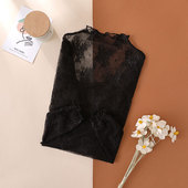 黑色半高领蕾丝打底衫 内搭薄纱透视透明网纱上衣 女秋冬高级感西装