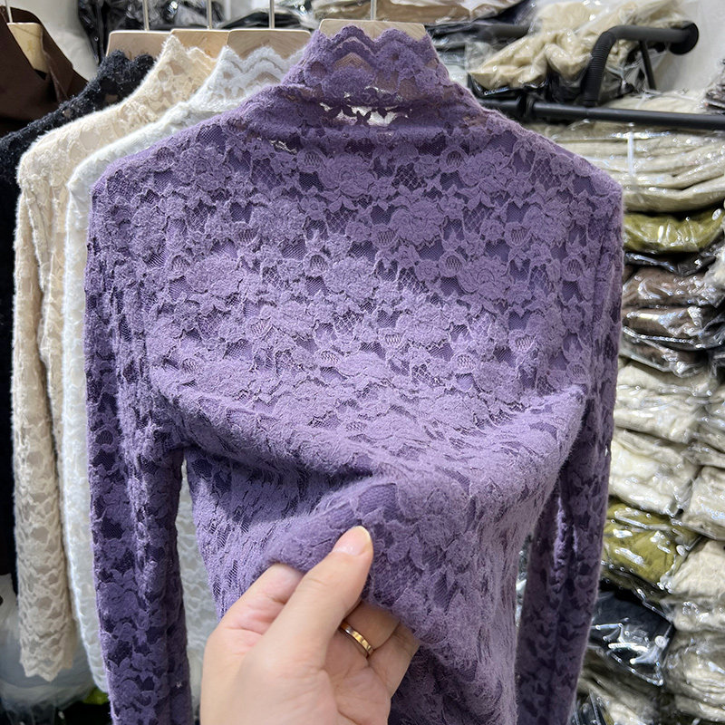木耳边长袖T恤女2023秋冬新款半高领加绒加厚蕾丝网纱打底衫上衣,女装/女士精品,蕾丝衫/雪纺衫,淘宝优惠券,粉丝福利购,淘宝优惠卷