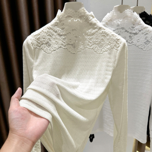 半高领蕾丝花边针织打底衫女秋冬配皮草内搭名媛小香风高级感毛衣