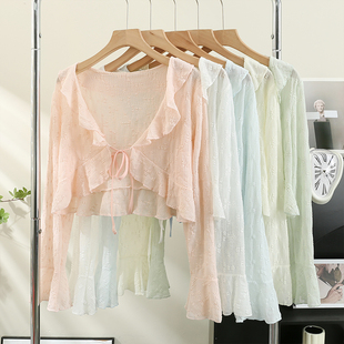 女配吊带裙仙气小披肩罩衫 荷叶边系带蕾丝防晒开衫 薄外套 新款 夏季