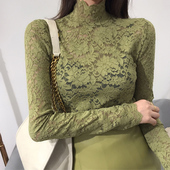 气质紧身长袖 版 T恤镂空 打底衫 复古高领修身 2019秋新款 蕾丝衫