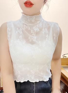 无袖背心女蕾丝内搭打底衫假领子高领秋冬木耳边短款网纱洋气上衣