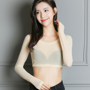 如诗蓝春秋新款单层透视网纱打底衫半截t恤短款长袖纱衣女性感内