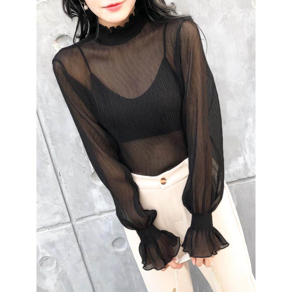 甜美漂亮时尚雪纺衫宽松透视喇叭袖内搭半高领黑色蕾丝打底衫女春