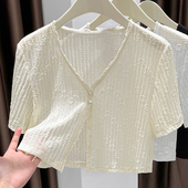 外搭开衫 配吊带裙 小外披海边披肩旗袍女夏蕾丝花边上衣微透短袖