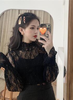 春秋新款精致内搭喇叭袖蕾丝打底衫女性感镂空小衫美体网纱上衣潮