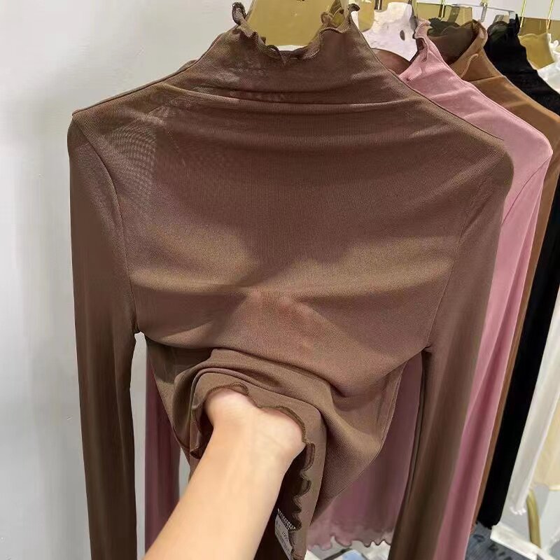 蕾丝长袖打底衫咖色修身薄款内搭