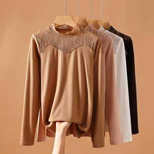 气质内搭洋气半高领春秋长袖 新款 蕾丝衫 女拼接打底 上衣2023早秋季