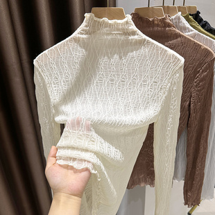 洋气黑色网纱打底上衣女半高领薄纱蕾丝内搭小衫配吊带裙秋木耳边