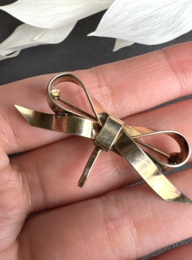 欧美vintage古董首饰中古饰品925银鎏金蝴蝶结胸针吊坠两用款
