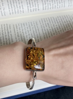 欧美设计师手工老银饰孤品古董首饰925纯银天然琥珀花珀手镯手链