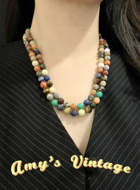 欧美vintage古董首饰中古饰品925银玛瑙虎眼石水晶多宝多股项链
