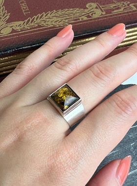 欧美vintage古董首饰中古饰品天然原矿琥珀绿珀戒指925银戒指12号