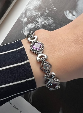 紫水晶手链925银纯银手链手镯蓝色托帕石手链vintage古董首饰银饰