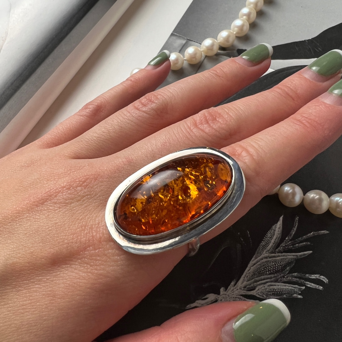 Vintage古董首饰中古饰品S925纯银戒指天然琥珀戒指天然花珀戒指