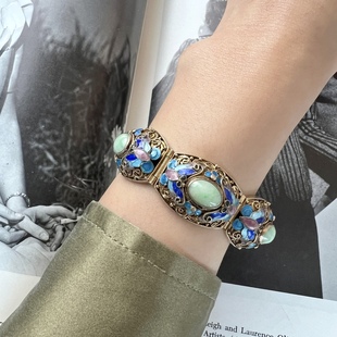 创汇期出口回流古董首饰纯银掐丝珐琅手镯天然翡翠手镯老翡翠手链