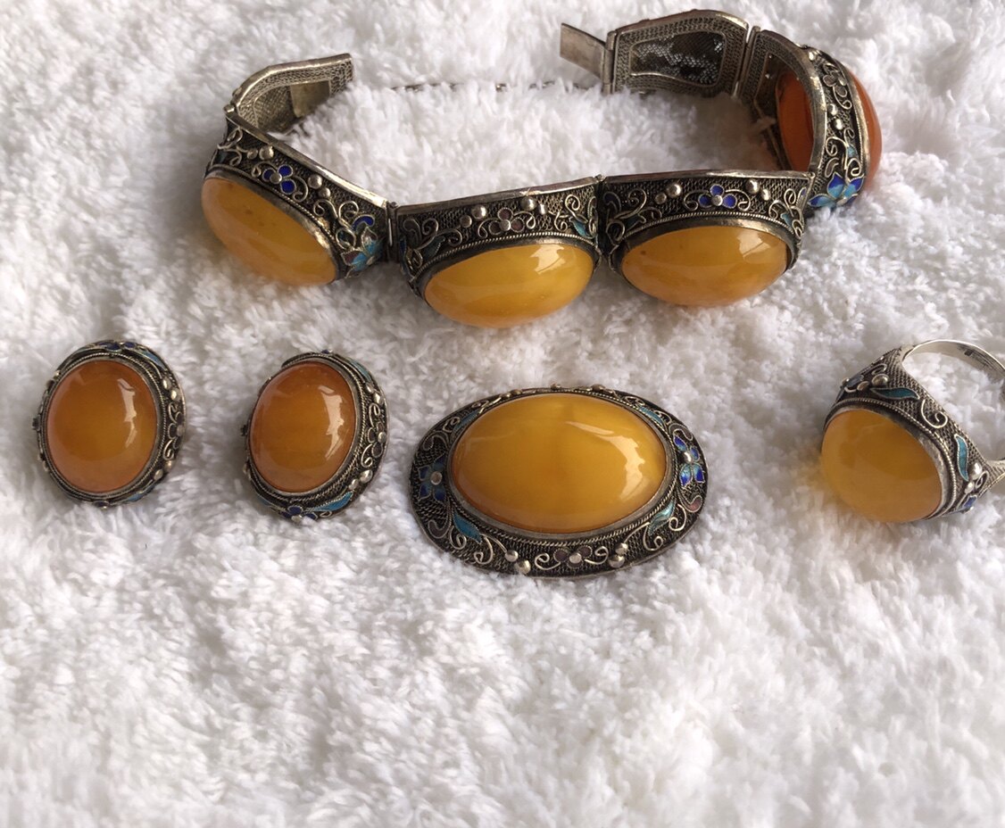 欧美回流孤品古董首饰 925纯银原矿琥珀鸡油黄蜜蜡手链耳环胸针