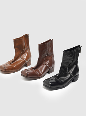 意大利进口马皮水洗做旧靴子女 手工马克缝线方头低跟后拉链短靴