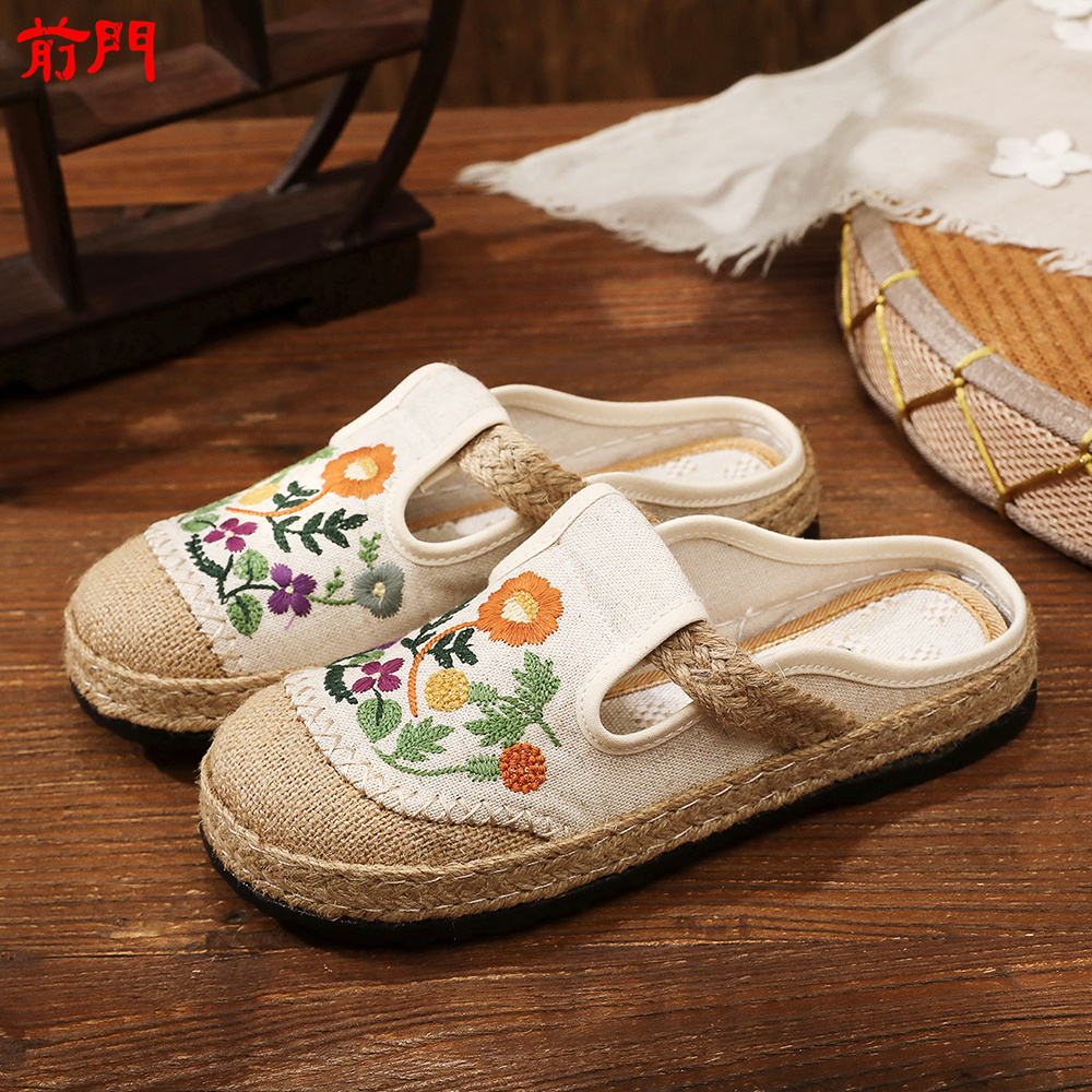 正宗老北京布鞋春夏休闲民族风花朵刺绣亚麻手工百搭汉服拖鞋女鞋