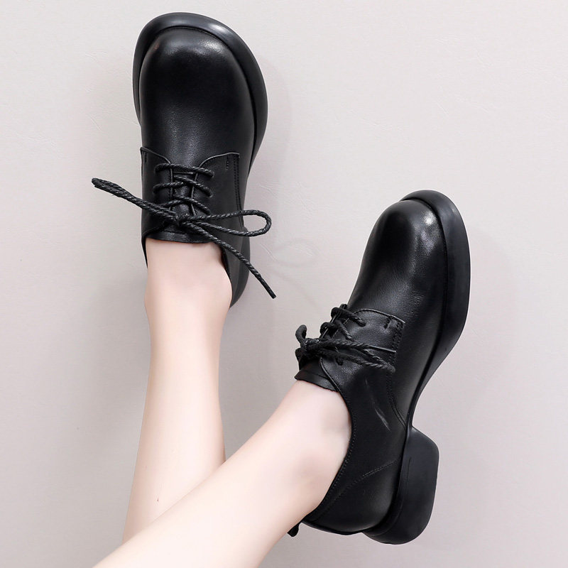 系鞋带黑皮鞋女工作舒适超软真皮三公分单鞋女秋季42平底大码女鞋