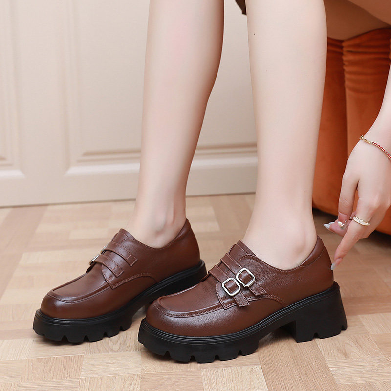 全牛皮单鞋女2025春秋厚底松糕鞋小个子增高鞋大码软底真皮妈妈鞋