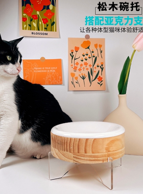 陶瓷猫碗实木碗托保护颈椎防打翻高颜值猫粮碗加菲大脸矮脚猫专用