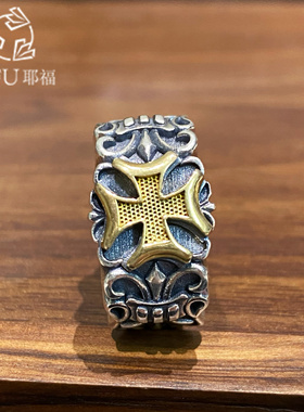 纯银s925 做旧款男戒指开口可调节小众十字架潮牌船锚指环食指