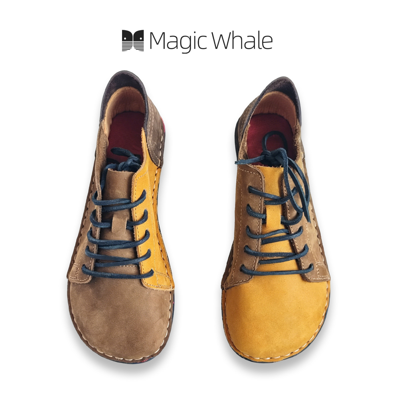 MAGICWHALE疯马油蜡真牛皮休闲皮鞋男青年系带圆头撞色个性通勤鞋
