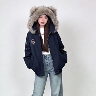 大码 派克服外套女加绒加厚保暖宽松棉服 胖mm趣味小熊毛领连帽工装