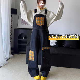 女宽松直筒阔腿裤 300斤胖mm大码 复古格纹拼接牛仔背带裤 美式 女装