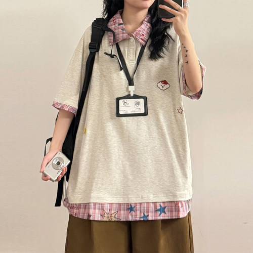 大码小众设计感polo领假两件t恤